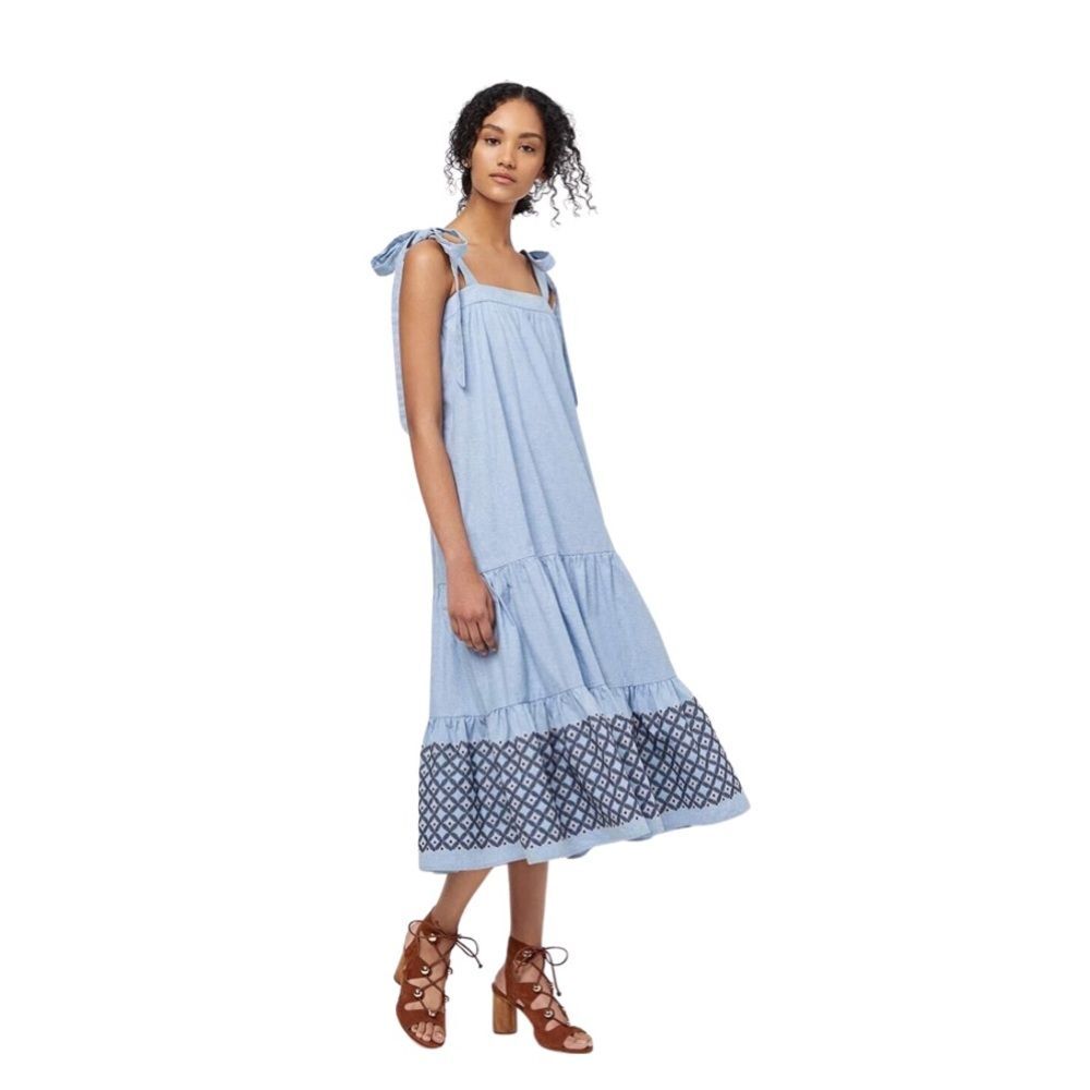 Rebecca Minkoff Lucy Embroidered Hem Tiered Midi Dress Blue Chambray Pockets M